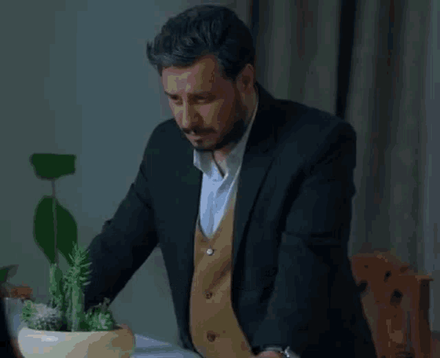 a man in a suit and vest is standing next to a potted plant with the hashtag @koksalgif