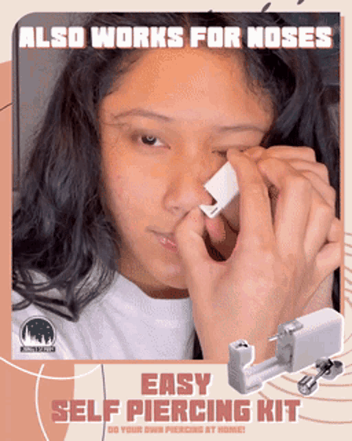 a picture of a woman getting her nose pierced with the words easy self piercing kit