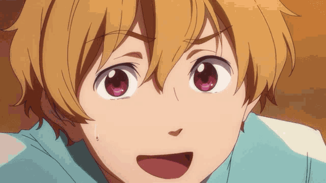 a close up of a anime character 's face with a surprised look on his face