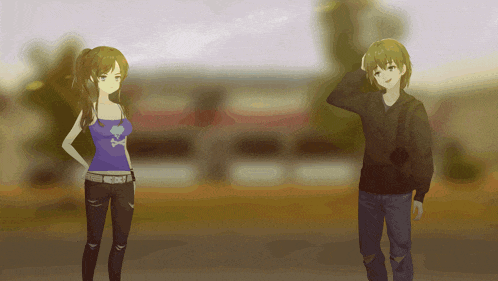 a boy and a girl are standing next to each other and the girl has a skull and crossbones shirt on