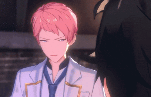 a man with pink hair and a blue tie