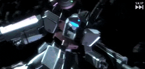 a video game screen shows a robot with a gun and the words skip on the bottom
