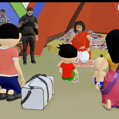 a group of cartoon characters are gathered around a man in a red robe