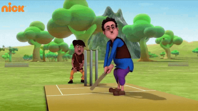 a cartoon of a man playing a game of cricket with a nick logo in the background