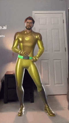 a man in a yellow superhero costume stands in front of a door