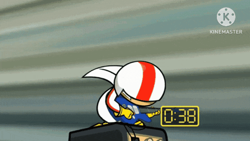 a cartoon character is standing next to a clock that says 0:38 on it