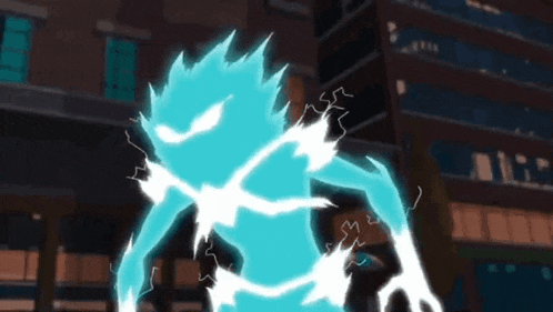 a cartoon character with blue lightning coming out of his body