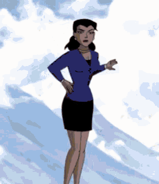 a woman in a blue suit and black skirt is standing on a snowy hill