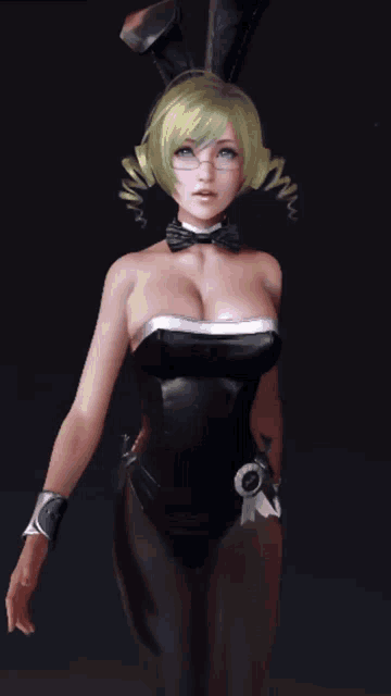 a woman in a bunny costume has glasses and a bow tie