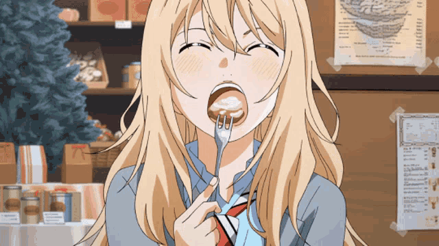 a blonde anime girl is eating something with a fork in her mouth