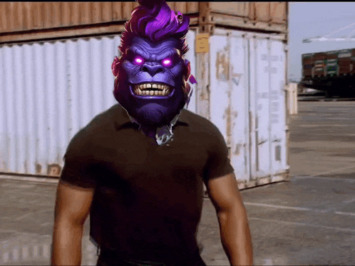 a man in a black shirt with a purple gorilla on his head