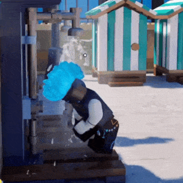 a lego character with a blue haircut is standing in front of a striped beach hut