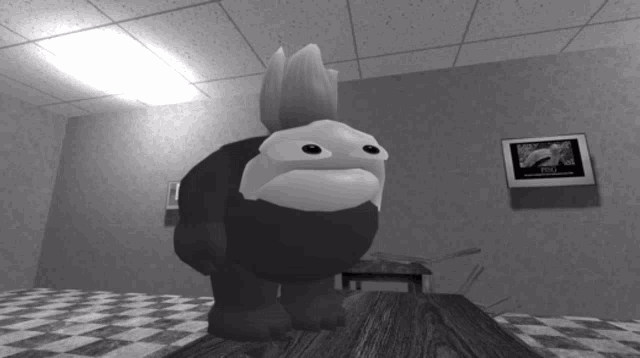 a black and white photo of a cartoon character with a sign on the wall that says ' pizza ' on it