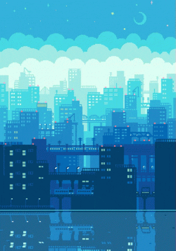 a pixel art of a city at night with a crescent moon