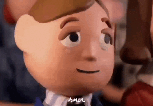a close up of a cartoon character saying amen