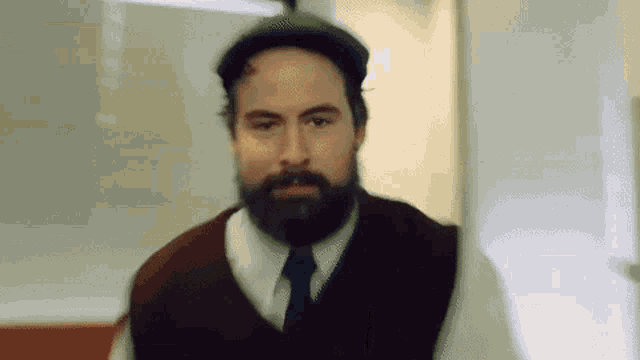 a man with a beard is wearing a hat and a vest .
