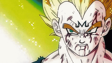 a close up of a dragon ball z character with the letter m on his face