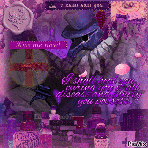 a picture of a plague doctor with the words " i shall heal you " at the top