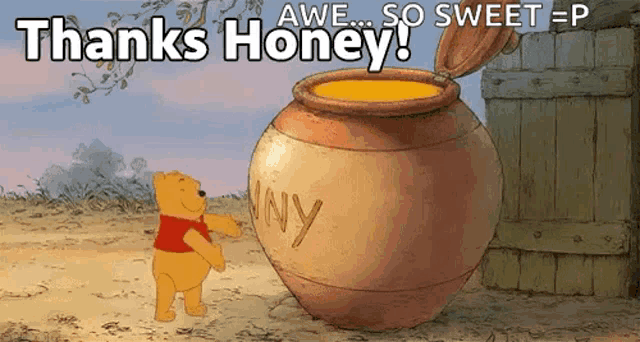 winnie the pooh standing next to a jar of honey