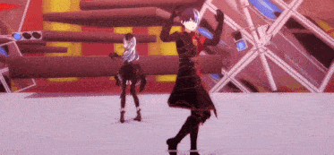 two anime characters are dancing on a stage in front of a ferris wheel .