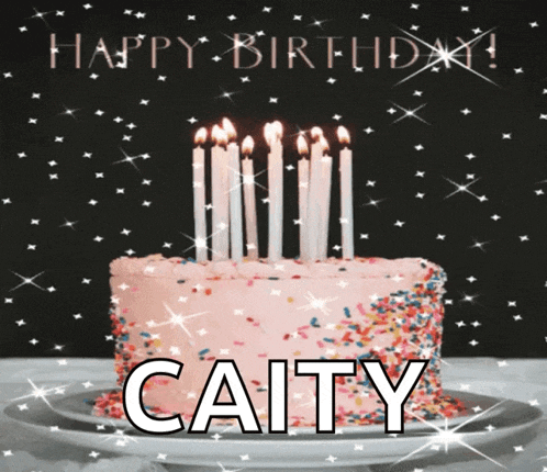 a birthday cake with candles and sprinkles and the name caity on it