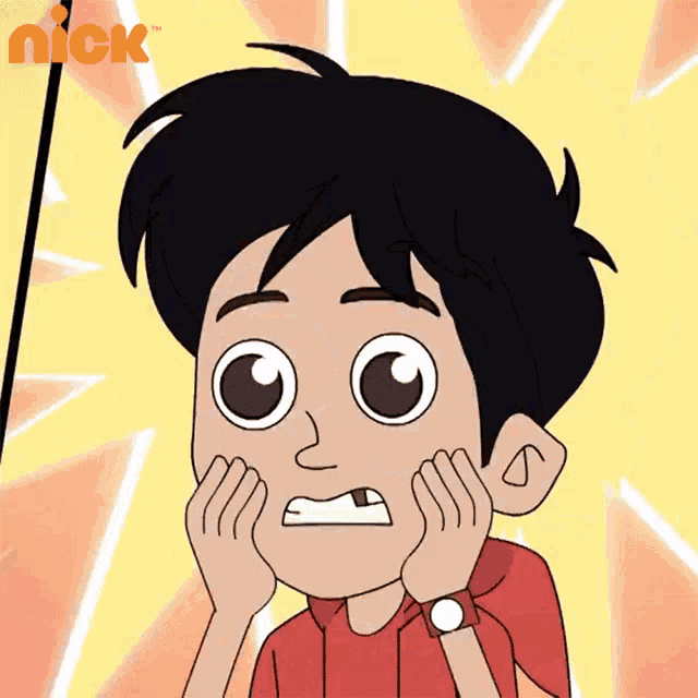 a cartoon of a boy with his hands on his face with the nick logo behind him