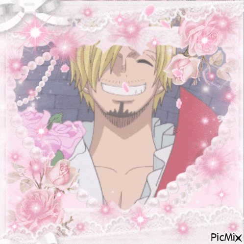a picture of a man is surrounded by pink flowers and pearls with the caption picmix