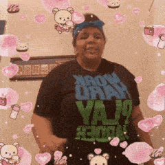 a woman wearing a t-shirt that says yajo on it