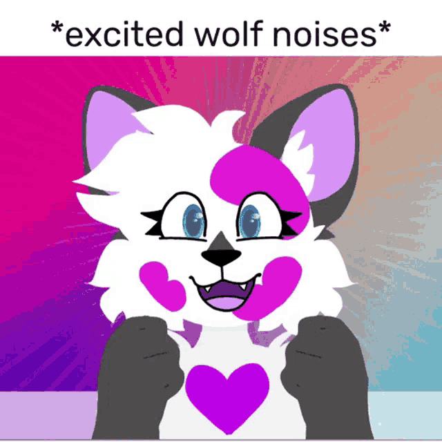 a cartoon of a wolf with a purple heart on its chest and the words excited wolf noises below it