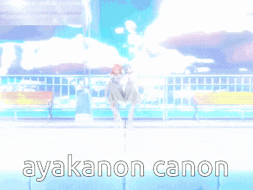two anime girls are standing next to each other and the words ayakanon canon are written below them