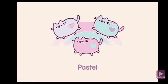 three pastel colored cats are standing next to each other in front of a rainbow