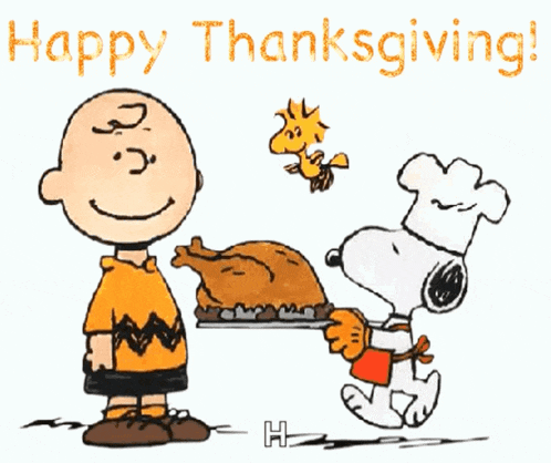 a cartoon of charlie brown and snoopy with the words happy thanksgiving