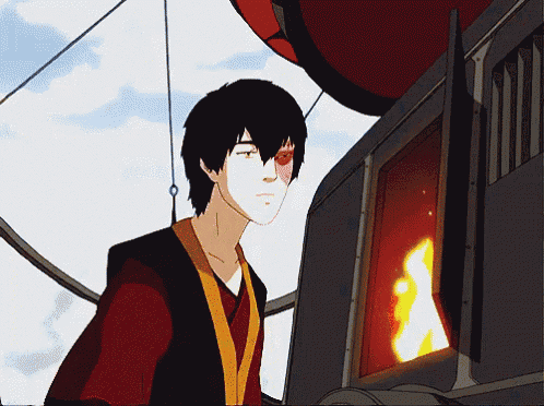 a cartoon character with red eyes stands in front of a fireplace