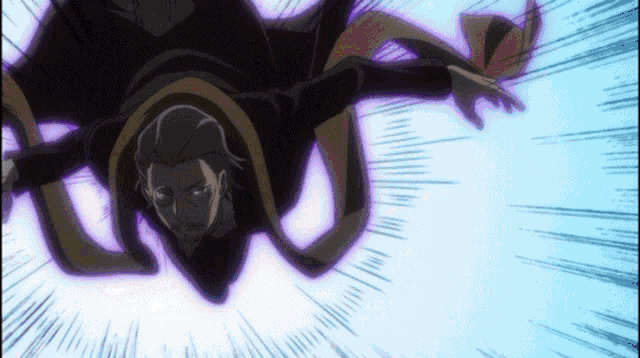 a cartoon character is flying through the air with a purple background