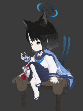 a drawing of a girl with a cat ear sitting on a wooden bench