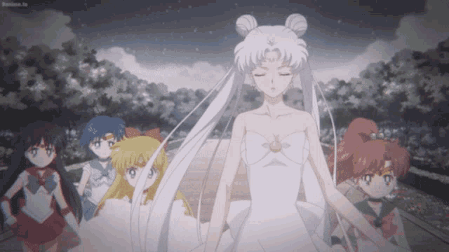 a woman in a white dress stands in front of a group of anime girls