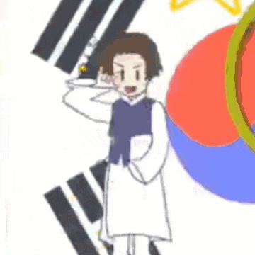 a cartoon character is standing in front of a korean flag and talking on a cell phone .