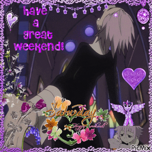 a picture of a girl with flowers and the words have a great weekend