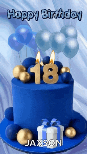 a blue birthday cake with candles and balloons for jaxson .