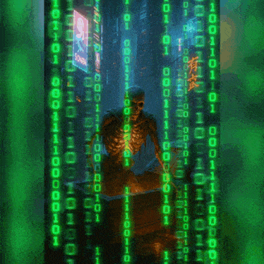 a skeleton is surrounded by binary code and a sign that says sonia