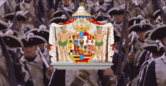 a group of soldiers are holding a coat of arms