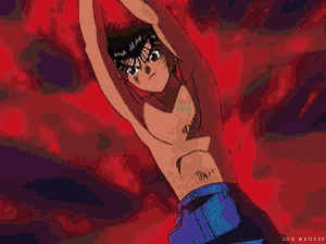 a pixel art of a man pointing at the camera with a red background