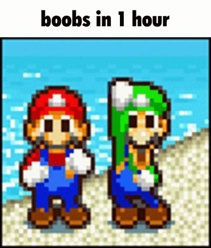 a pixel art of mario and luigi standing on a beach with the words boobs in 1 hour below them