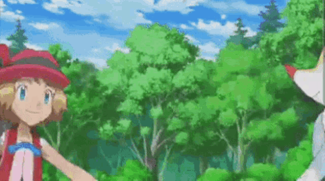 a girl in a red hat is holding a fox 's hand in a forest .