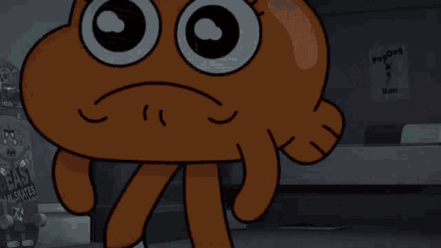 darwin from the amazing world of gumball is laying on the floor with his legs crossed