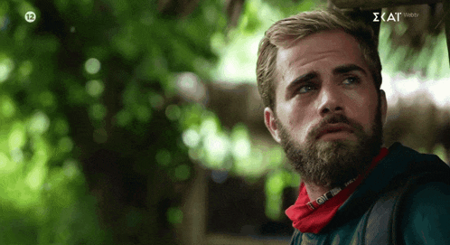 a man with a beard and a red scarf around his neck is on a tv screen that says skat
