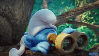 a smurf laying on a tree branch looking through binoculars .