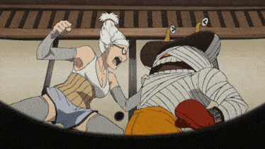 a cartoon drawing of a woman fighting a mummy with the word rise on his glove