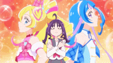 a group of three anime girls standing next to each other