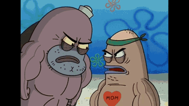a cartoon character with a heart that says mom on his chest